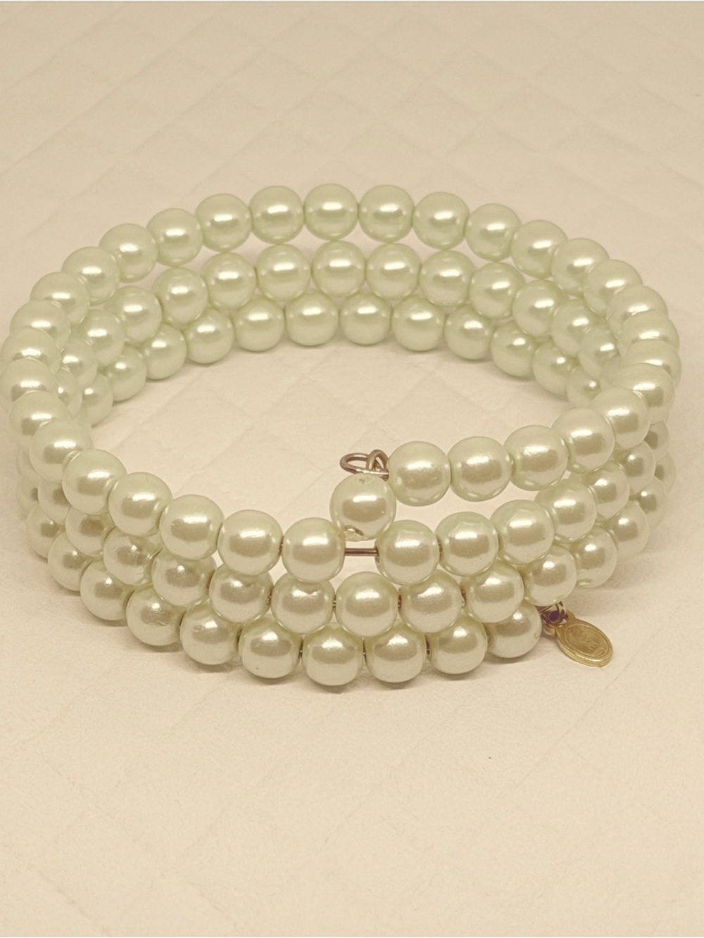 Vintage Signed Monet Faux Pearl 3-Row Memory Wire Coil Wrap Bracelet